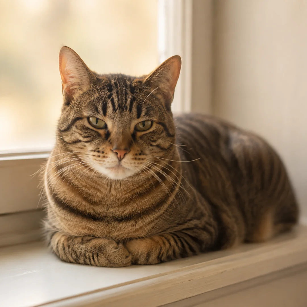 A cat sitting on a windowsill in early morning light