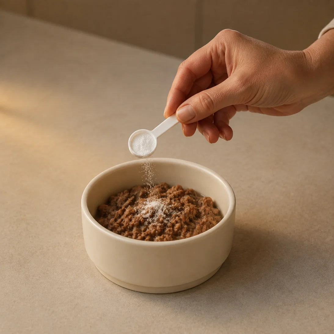 A scoop of PureFelis powder being stirred into wet food