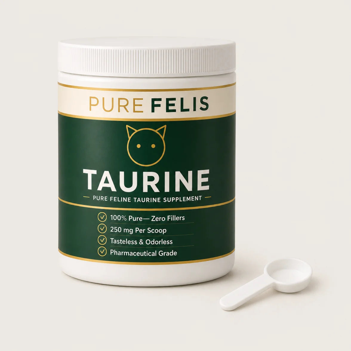 A tub of PureFelis Taurine beside its measuring scoop