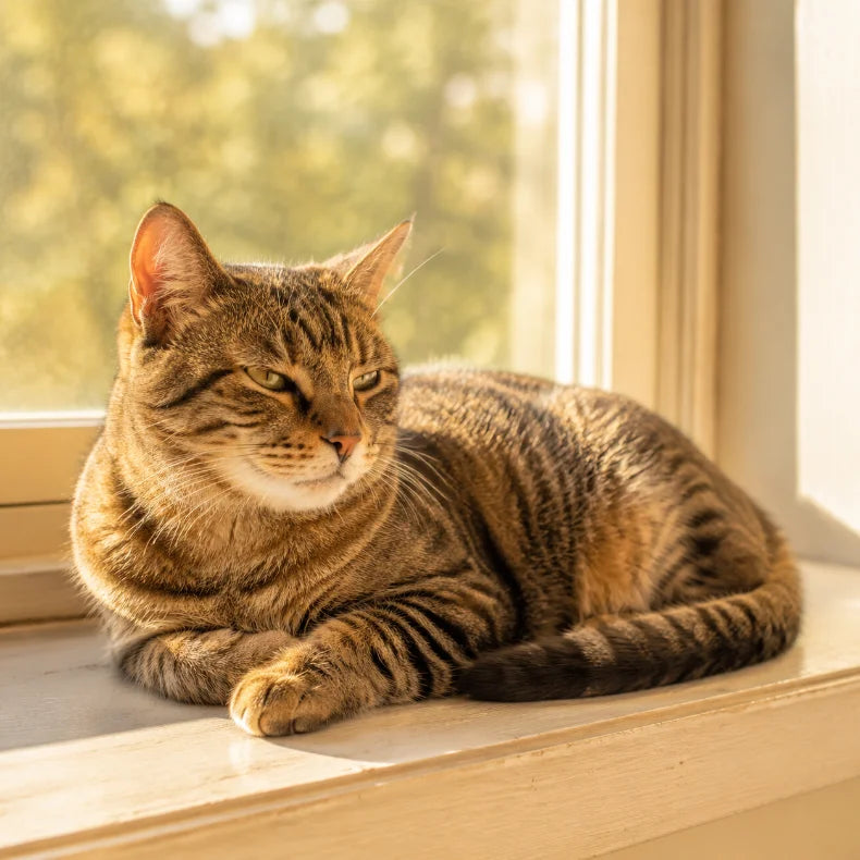 A tabby cat resting on a sunlit windowsill